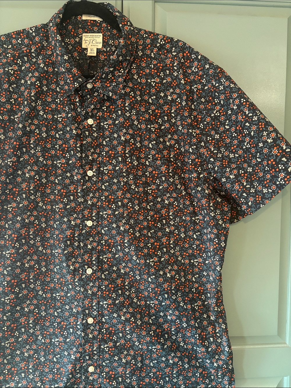 Short Sleeve Floral Button-Up Shirt - Navy with Orange & White